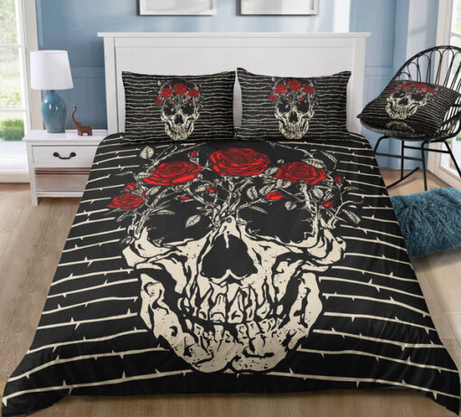 cozy bed cozy bedroom aesthetic mother's day Barbed Wire Stripes Roses Skull Bedding Set