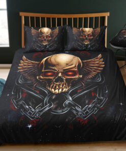 bed aesthetic mother's day Old School Metal Evil Skull Bedding Set