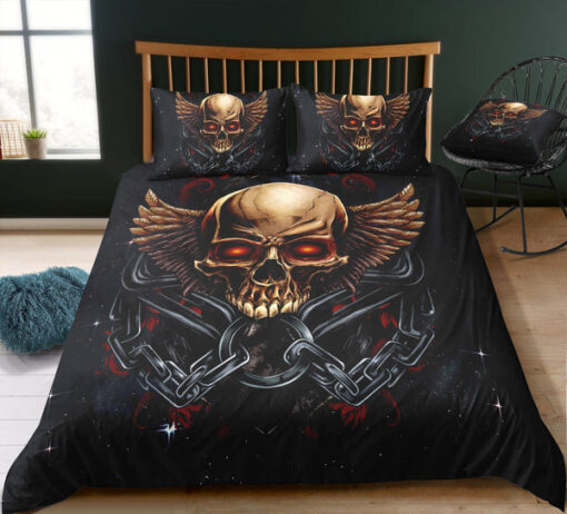 bed aesthetic mother's day Old School Metal Evil Skull Bedding Set