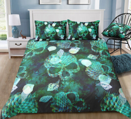 Dark Green Blue Skull Bedding Set bunk bed designs cozy bedroom aesthetic feliz dia de las madres