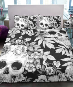 cozy bed bed sheets mother's day Black & White Floral Skull Bedding Set