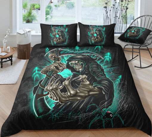bed aesthetic bed sheets mother's day Mint Neon Skull Ghost & Spider GWBJ22610 Bedding Set