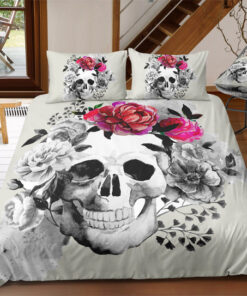 Pink B&W Floral Skull Bedding Set bed sheets cozy bed mother's day