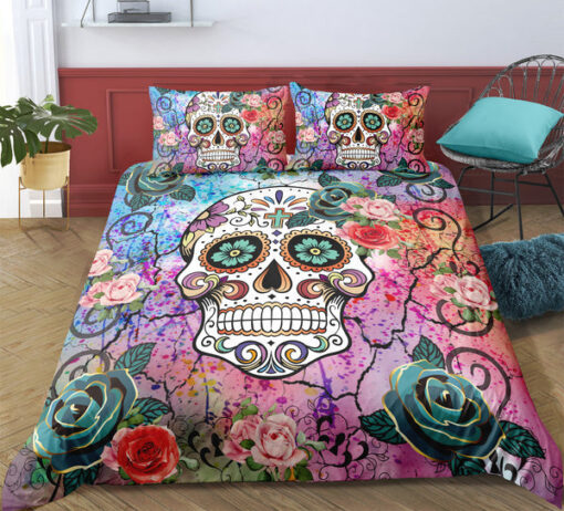 mother's day mothers day cards bed aesthetic Multicolor Floral Skull Bedding Set