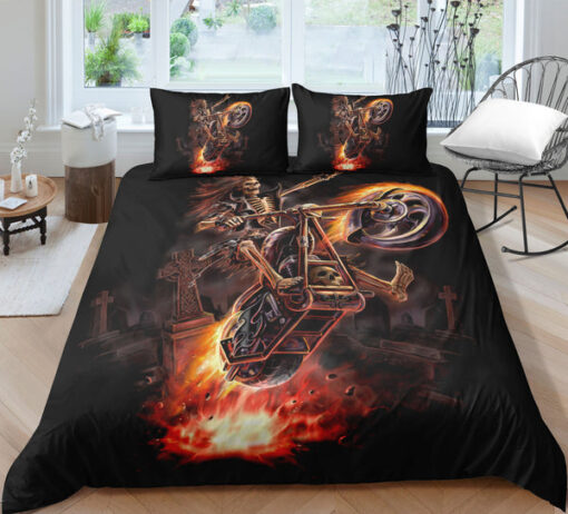 Flying Fire Rider Skull Bedding Set bed aesthetic mother's day