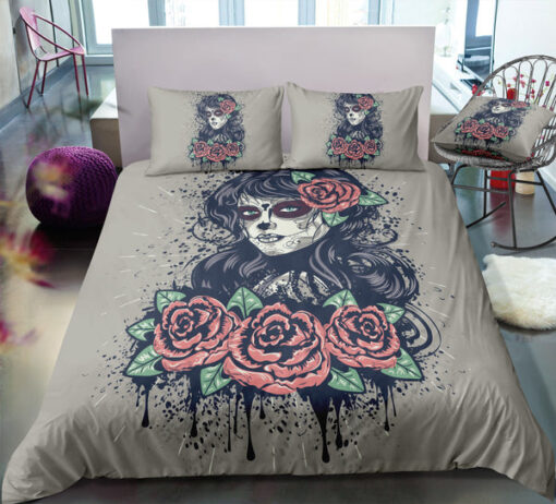 Vintage Rose Woman Skull Bedding Set bed sheets cozy bed mothers day cards mother's day