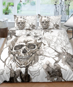 feliz dia de las madres cozy bed bed aesthetic White & Gray Floral Spray Skull Bedding Set
