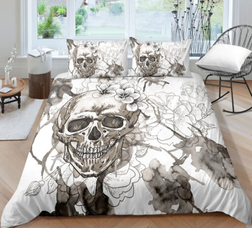 feliz dia de las madres cozy bed bed aesthetic White & Gray Floral Spray Skull Bedding Set