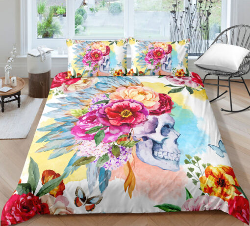 Colorful Floral Bohemian Skull Bedding Set cozy bed mothers day cards bed sheets mother's day