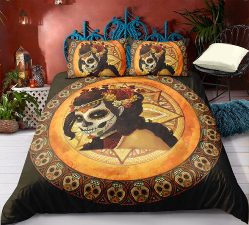 mothers day cards bed sheets mother's day bed aesthetic Orange Round Mandala Skull Pattern Bedding Set