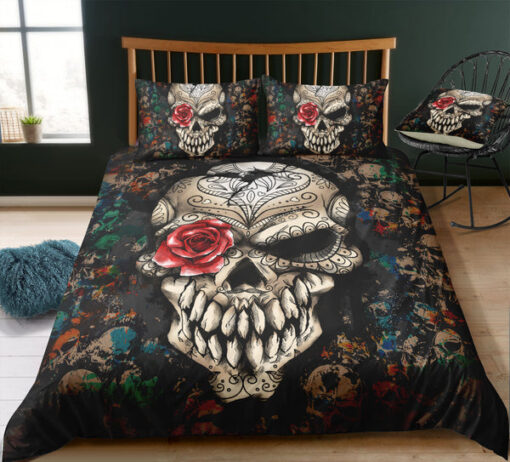 mother's day mothers day cards cozy bedroom aesthetic Retro Dark Roses Skull Bedding Set