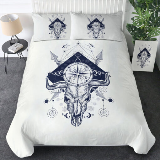 Vintage Buffalo Skull & Compass Sketch  SWBJ3928 Bedding Set mother's day bed aesthetic