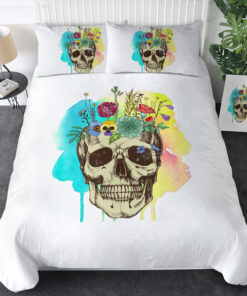 Colorful Flowers On Skull Watercolor Background SWBJ4430 Bedding Set cozy bed mother's day mothers day cards