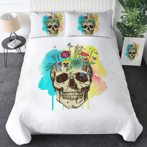 Colorful Flowers On Skull Watercolor Background SWBJ4430 Bedding Set cozy bed mother's day mothers day cards
