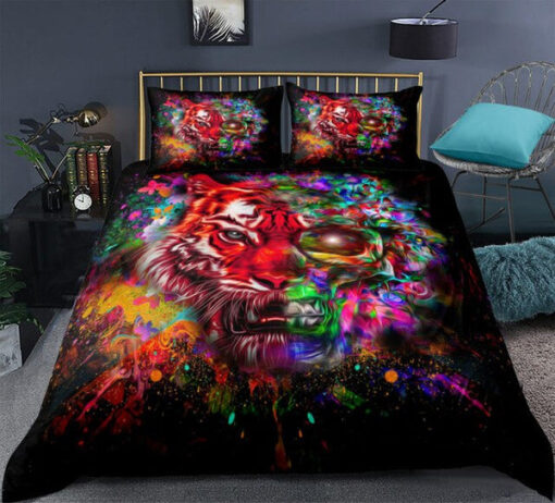 cozy bedroom aesthetic bed aesthetic mother's day Colorful Skull Tiger Bedding Set