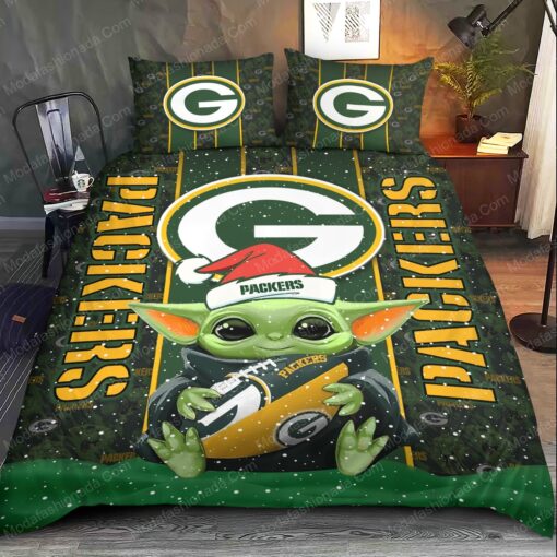 Baby Yoda NFL Green Bay Packers Logo Christmas Bedding Sets bunk bed designs mother's day cozy bedroom aesthetic - Image 2