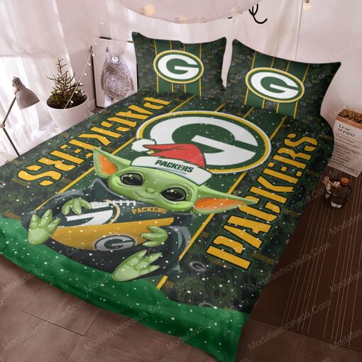 Baby Yoda NFL Green Bay Packers Logo Christmas Bedding Sets bunk bed designs mother's day cozy bedroom aesthetic - Image 3