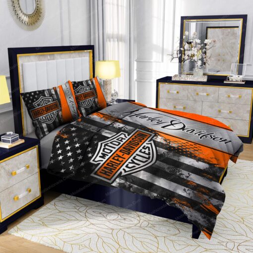 Buy Harley-Davidson Logo American Flag Bedding Sets Bed Sets, Bedroom Sets, Comforter Sets, Duvet Cover, Bedspread mothers day cards mother's day bed sheets - Image 5