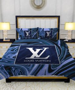 Louis Vuitton Dark Blue Marble Background Bedding Sets mothers day cards cozy bedroom aesthetic