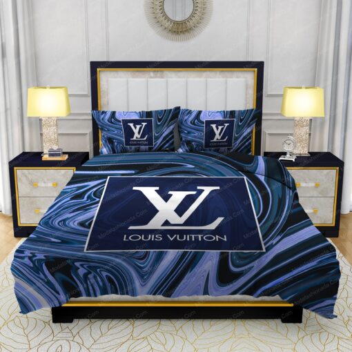 Louis Vuitton Dark Blue Marble Background Bedding Sets mothers day cards cozy bedroom aesthetic
