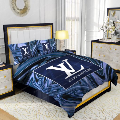 Louis Vuitton Dark Blue Marble Background Bedding Sets mothers day cards cozy bedroom aesthetic - Image 2