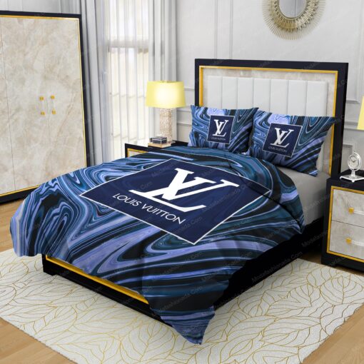 Louis Vuitton Dark Blue Marble Background Bedding Sets mothers day cards cozy bedroom aesthetic - Image 3