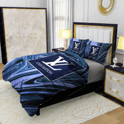 Louis Vuitton Dark Blue Marble Background Bedding Sets mothers day cards cozy bedroom aesthetic - Image 4