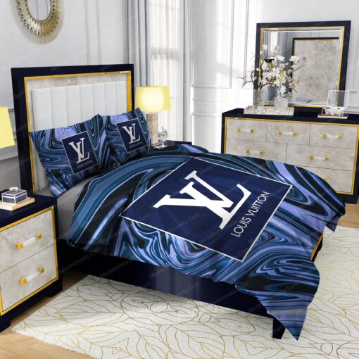 Louis Vuitton Dark Blue Marble Background Bedding Sets mothers day cards cozy bedroom aesthetic - Image 5