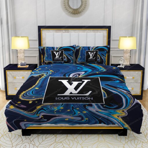 Louis Vuitton Watercolor Background With Golden Foil Bedding Sets bed sheets cozy bedroom aesthetic feliz dia de las madres
