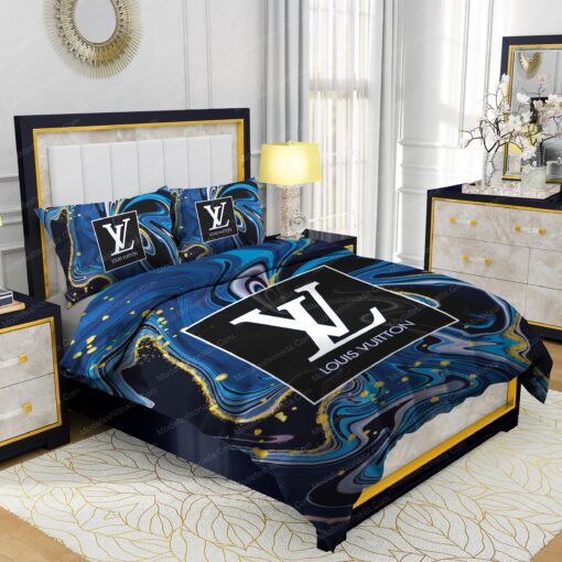 Louis Vuitton Watercolor Background With Golden Foil Bedding Sets bed sheets cozy bedroom aesthetic feliz dia de las madres - Image 2