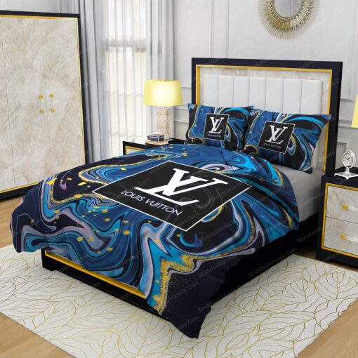 Louis Vuitton Watercolor Background With Golden Foil Bedding Sets bed sheets cozy bedroom aesthetic feliz dia de las madres - Image 3