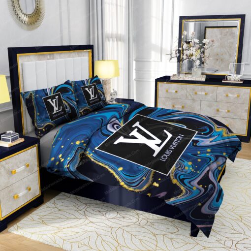 Louis Vuitton Watercolor Background With Golden Foil Bedding Sets bed sheets cozy bedroom aesthetic feliz dia de las madres - Image 5