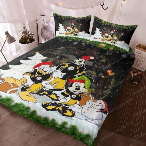 Mickey, Donald, Goofy NFL Pittsburgh Steelers Christmas Bedding Sets bed aesthetic cozy bedroom aesthetic mothers day cards feliz dia de las madres - Image 2