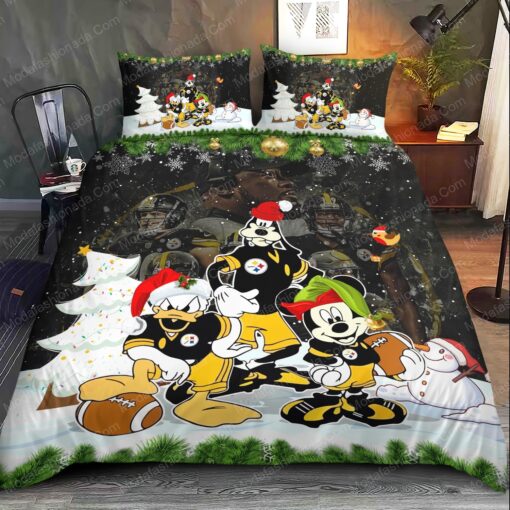 Mickey, Donald, Goofy NFL Pittsburgh Steelers Christmas Bedding Sets bed aesthetic cozy bedroom aesthetic mothers day cards feliz dia de las madres
