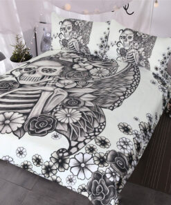Gothic B&W Flower Skull Bedding Set cozy bedroom aesthetic bed aesthetic mothers day cards mother's day