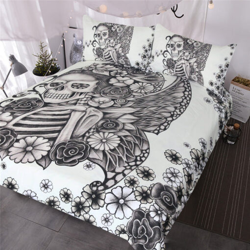 Gothic B&W Flower Skull Bedding Set cozy bedroom aesthetic bed aesthetic mothers day cards mother's day