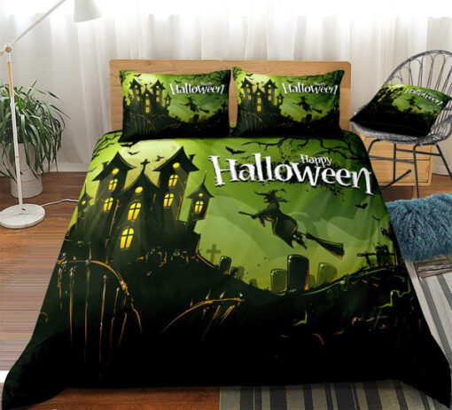 3D Halloween Witch Flying on Broom Bedding Set bed aesthetic mother's day