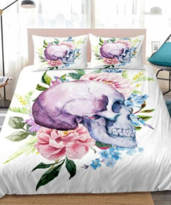 bed aesthetic mother's day Gradient Pink Purple Floral Colorful Skull Bedding Set