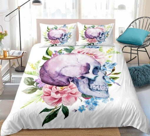 bed aesthetic mother's day Gradient Pink Purple Floral Colorful Skull Bedding Set