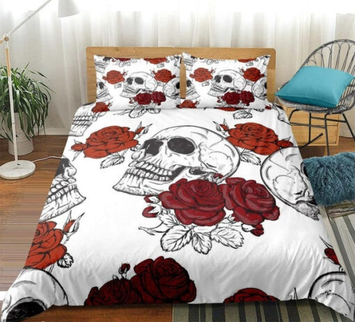 White Skull with Roses DUBJ0307 Bedding Set bed aesthetic feliz dia de las madres