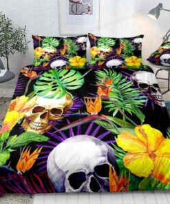 Colorful Palm Leaves Skull Bedding Set mother's day bed aesthetic bunk bed designs