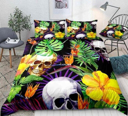 mothers day cards bed sheets cozy bed Colorful Palm Leaves Skull Bedding Set
