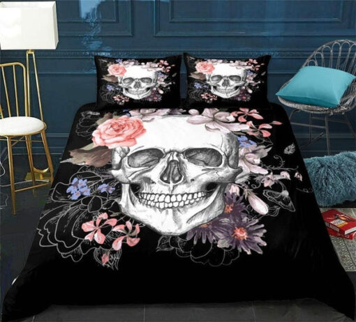 Pink & Purple Floral Skull Sketch Print Bedding Set feliz dia de las madres bed aesthetic