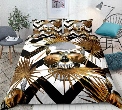 mother's day cozy bed Gothic Gold Metal Skull Bedding Set