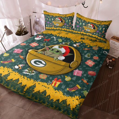 Baby Yoda NFL Green Bay Packers Christmas Bedding Sets cozy bed mothers day cards mother's day bed sheets - Image 3