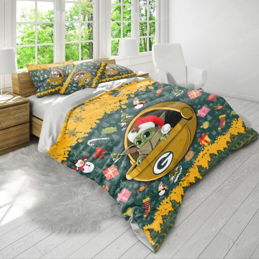 Baby Yoda NFL Green Bay Packers Christmas Bedding Sets cozy bed mothers day cards mother's day bed sheets - Image 4