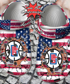 Basketball Crocss Personalized La Clippers American Flag Breaking Wall Clog Shoes - livanniespoon Store