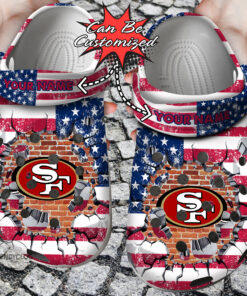 Football Crocss Personalized Sf 49Ers American Flag Breaking Wall Clog Shoes - livanniespoon Store
