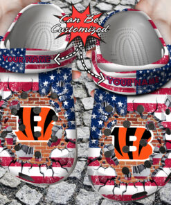 Football Crocss Personalized Cbengals American Flag Breaking Wall Clog Shoes - livanniespoon Store