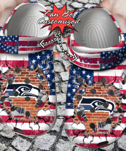 Football Crocss Personalized Sseahawks American Flag Breaking Wall Clog Shoes - livanniespoon Store